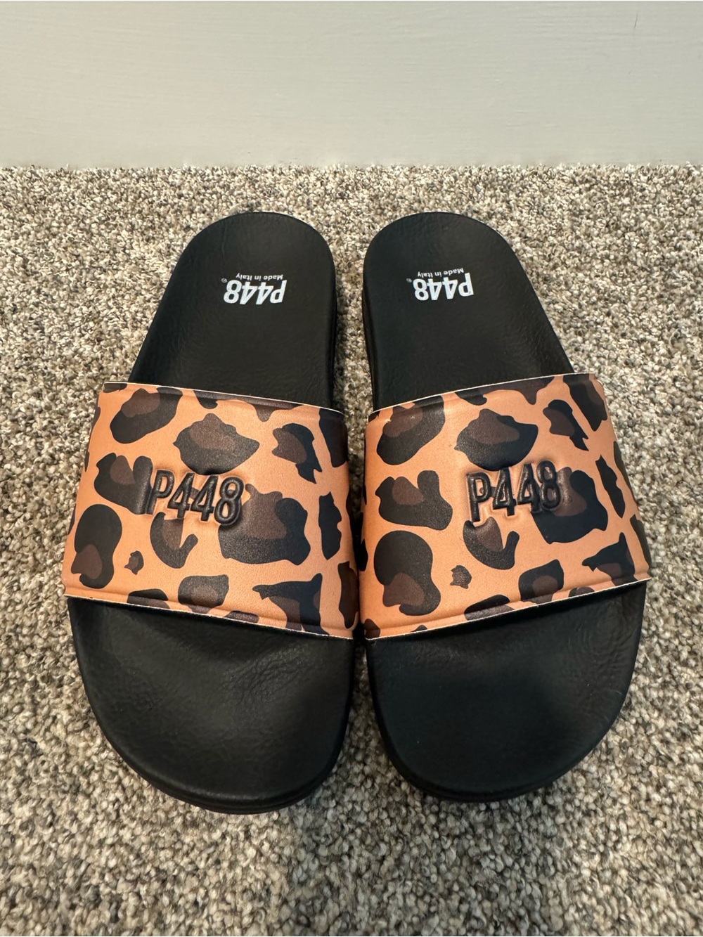 P448 women’s Leopard-Print Slide Sandals in Tan and Black